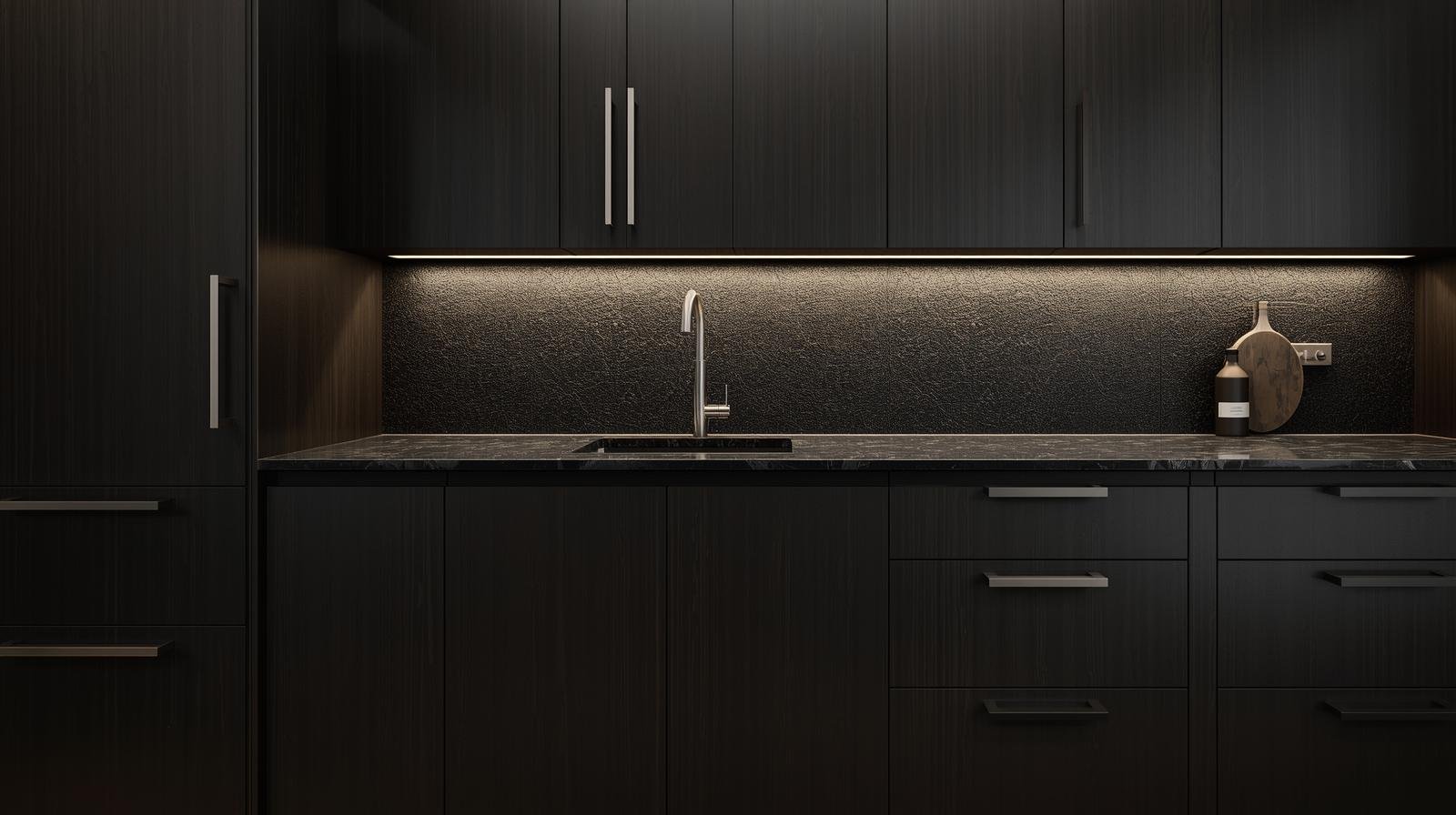 a kitchen with high end cabinets, dark color scheme with silver fixtures